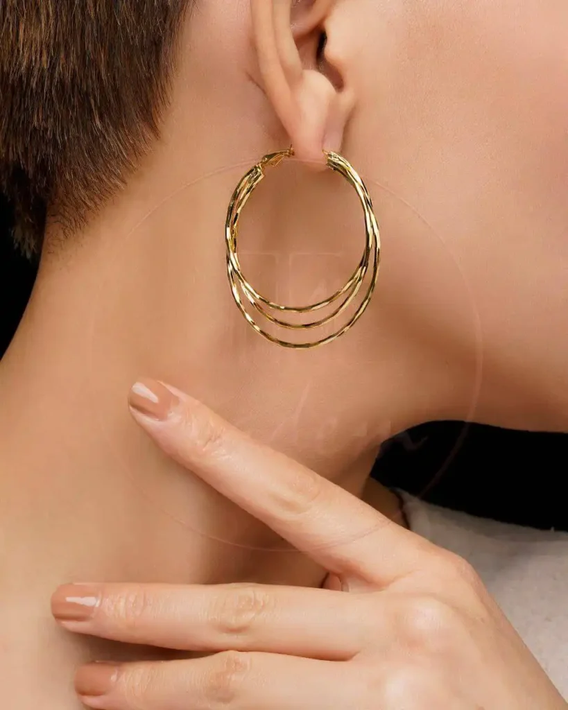 گوشواره حلقه‌ای مینیمال سه‌لایه طلایی | طراحی مدرن و فوق‌العاده سبک