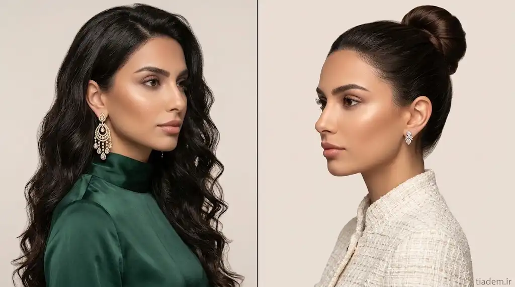 گوشواره مناسب موی بلند؛ راهنمای انتخاب برای موی باز و موی بسته | گالری تیادم