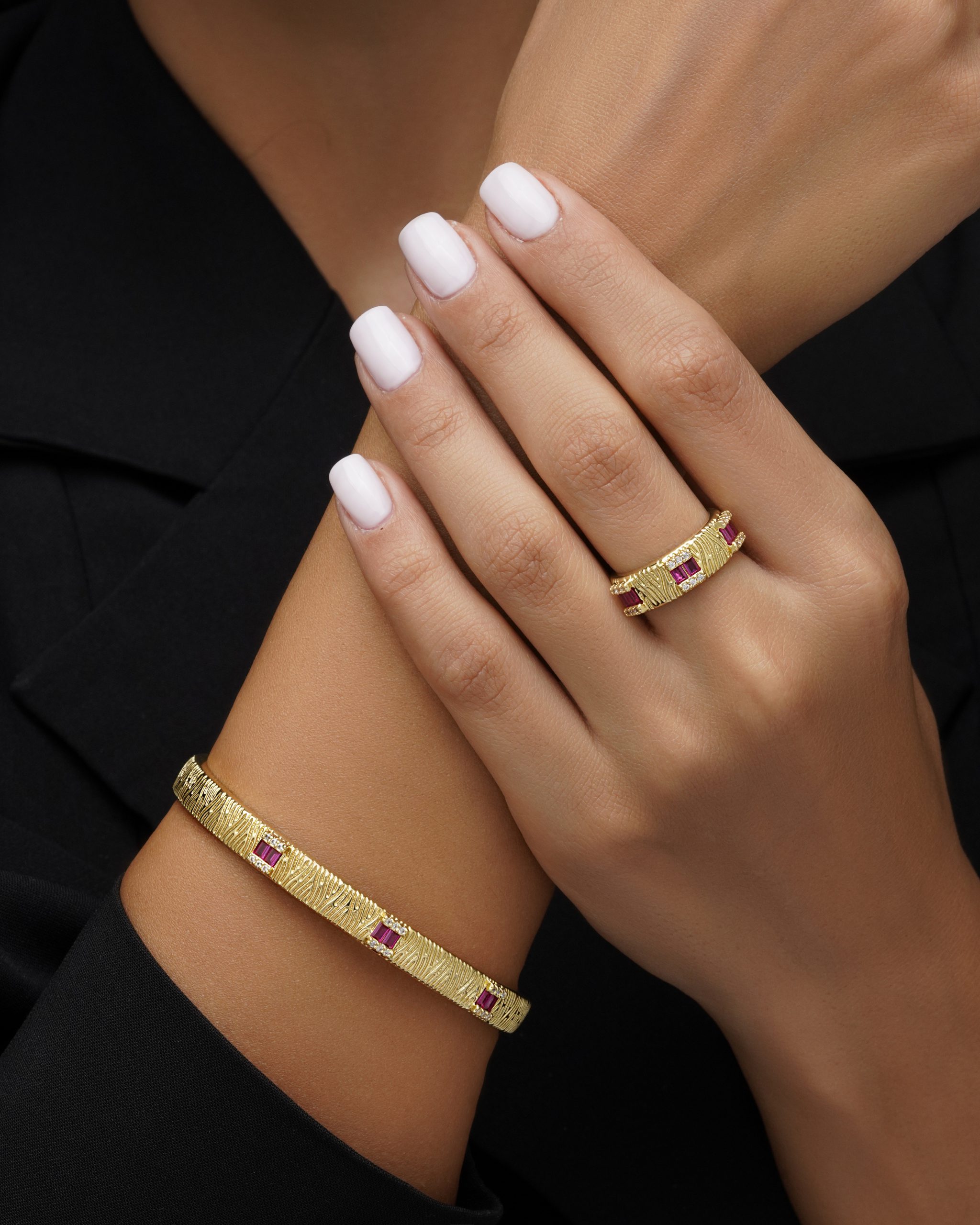 ست بنگل و انگشتر جواهری نگین مستطیل