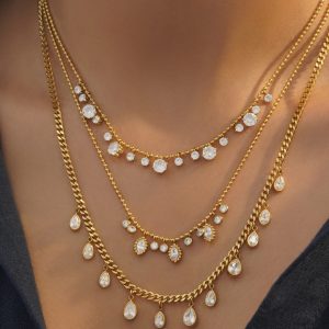 گردنبند استیل ۳ لایر نگین کریستالی